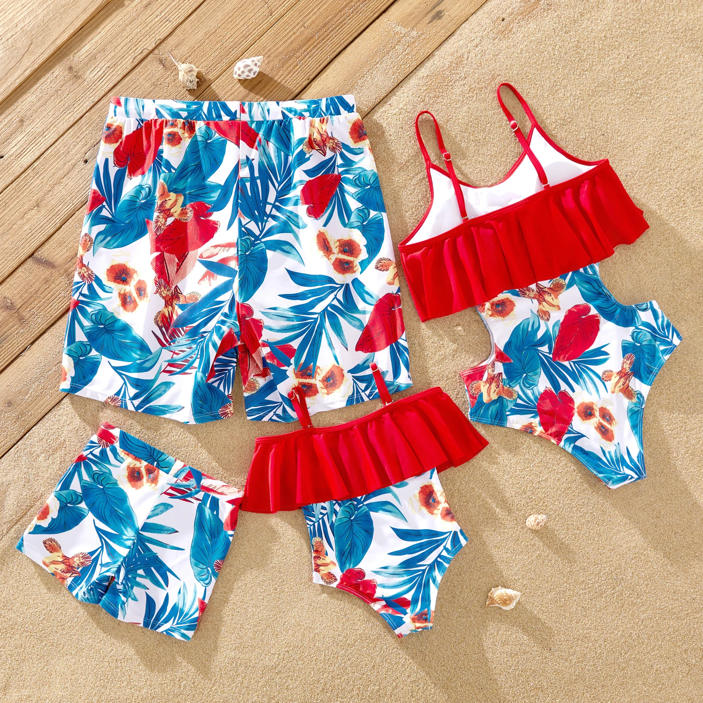 PatPat Family Matching Floral Drawstring Swim Trunks or Flounce Cut Out One-Piece Strap Swimsuit Suitable for Summer Season