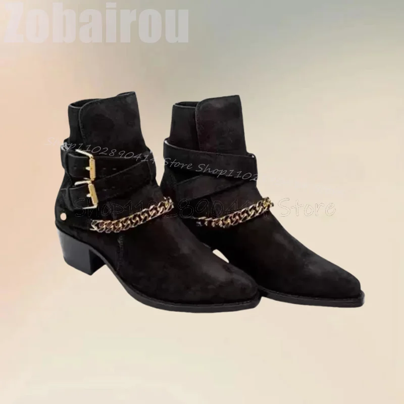 

Metal Chain Buckle Black Pointed Toe Chelsea Boots Fashion Slip On Men Boots Luxury Handmade Party Feast Office Men Casual Shoes