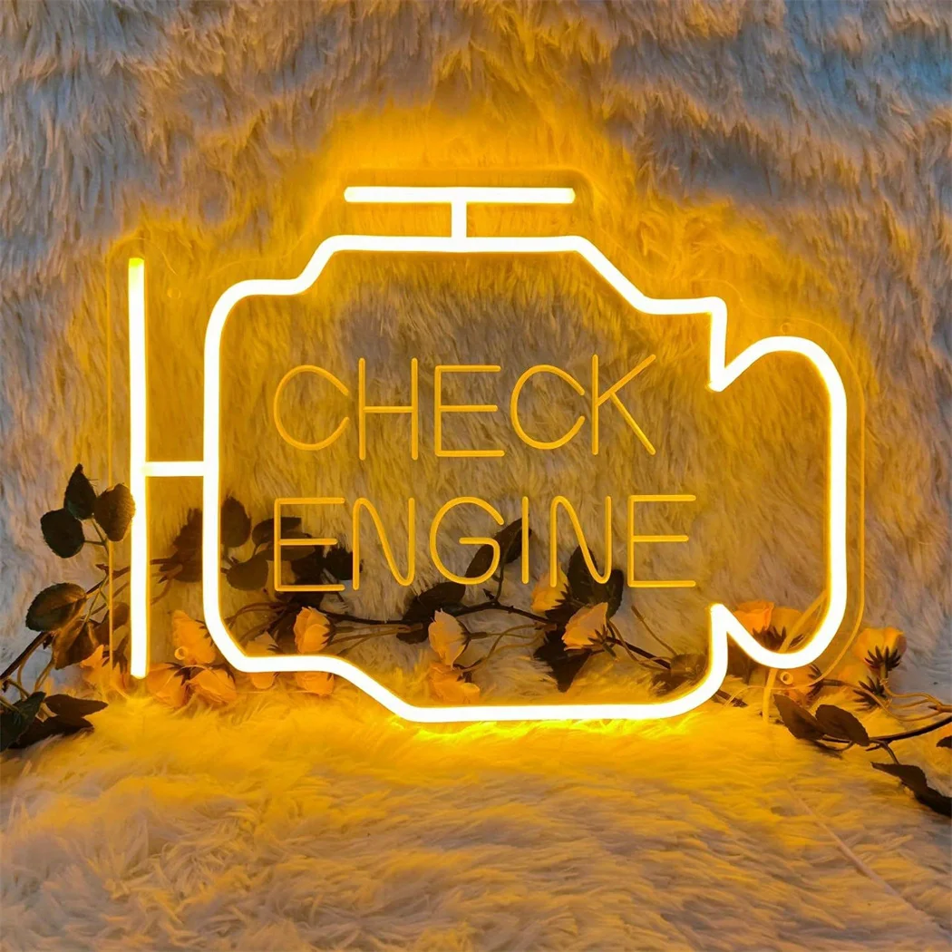 Immagine 5: Insegna LED Neon 'Check Engine' con Luce Ambrata, Alimentazione USB, Decorazione da Parete per Camera da Letto, Garage, Feste e Ambienti Commerciali