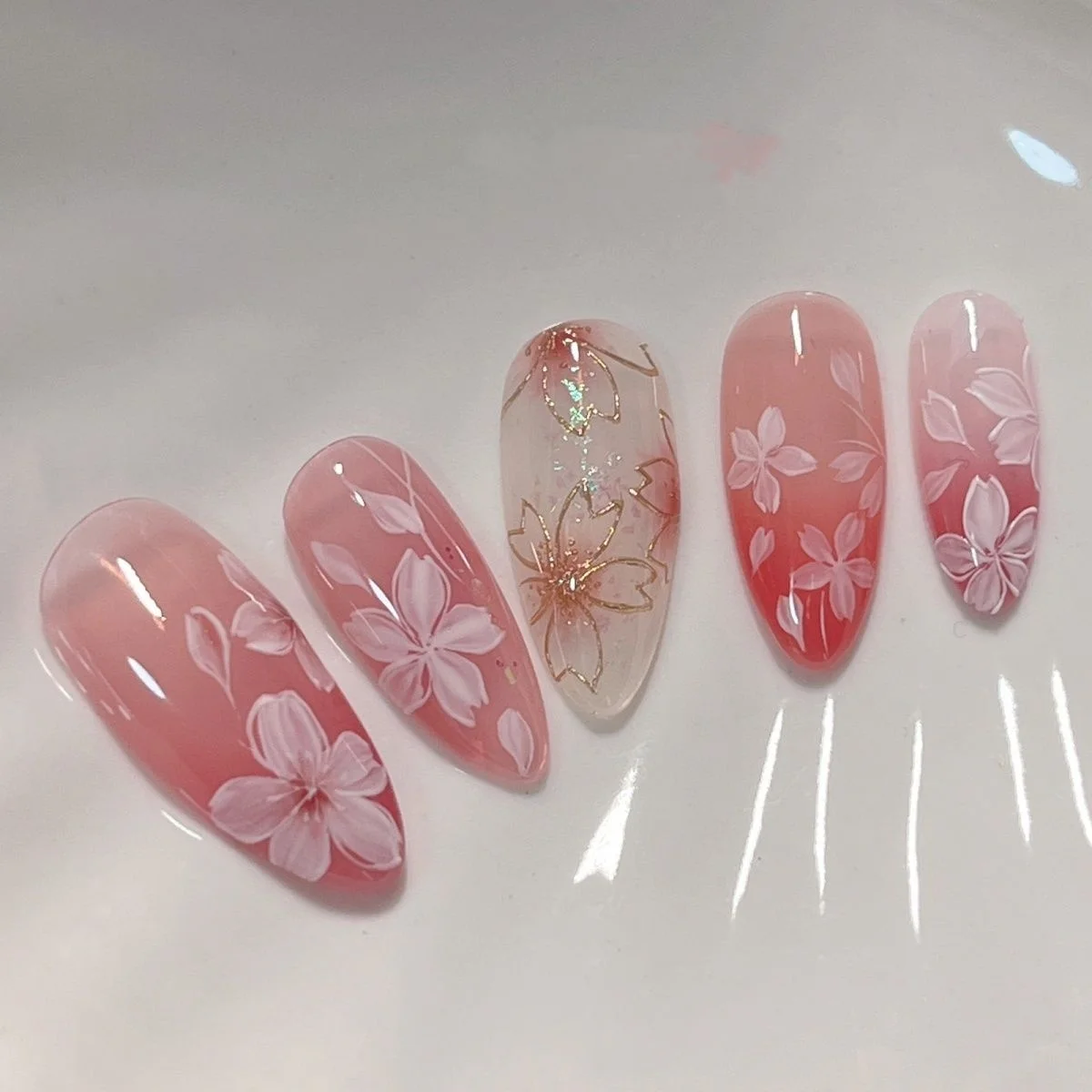

Pink Sakura Spring Press On Nails|Flower Petal Nails|Hand-Painted Art Design Reusable Nails|Charm Fake Nails|Premium Almond Nail