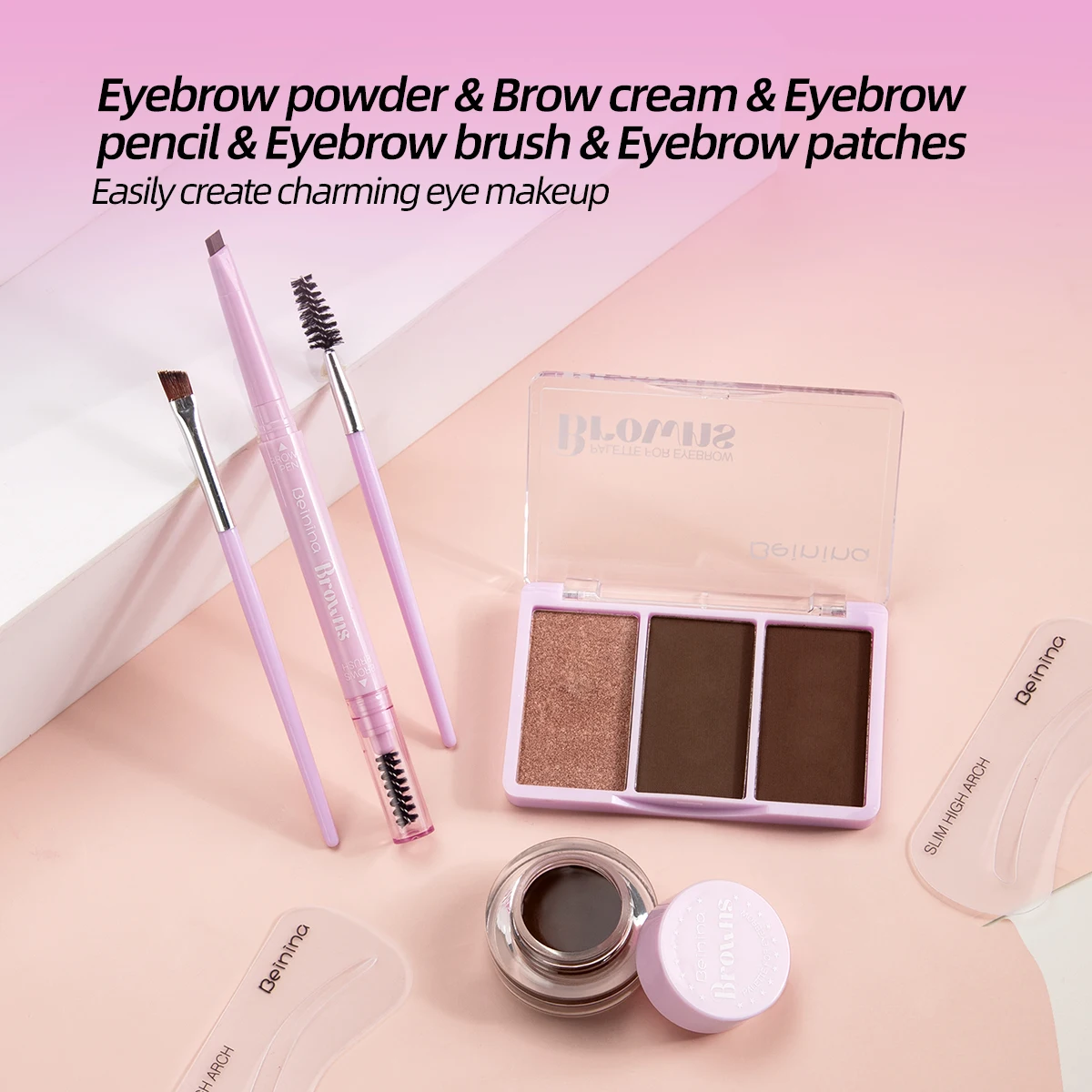 Set di polvere per sopracciglia a 4 colori Crema modellante per sopracciglia con stencil per sopracciglia Pennello per sopracciglia Kit per trucco facile da usare per principianti