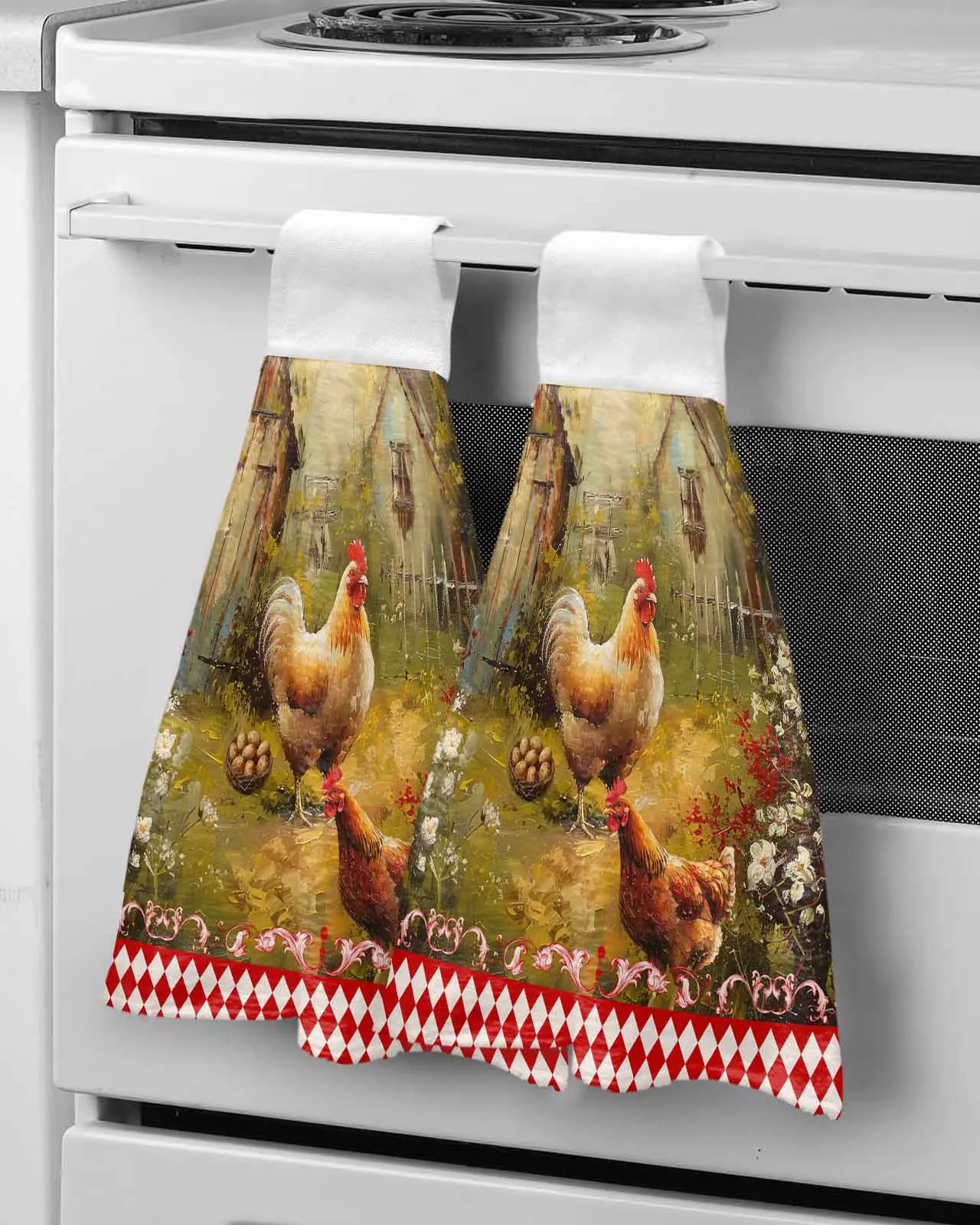 Retro Country Farm Hen Hand Towel Hanging Cloth Quick Dry Absorbent Towel Kitchen Hanging Towel Cleaning Rag