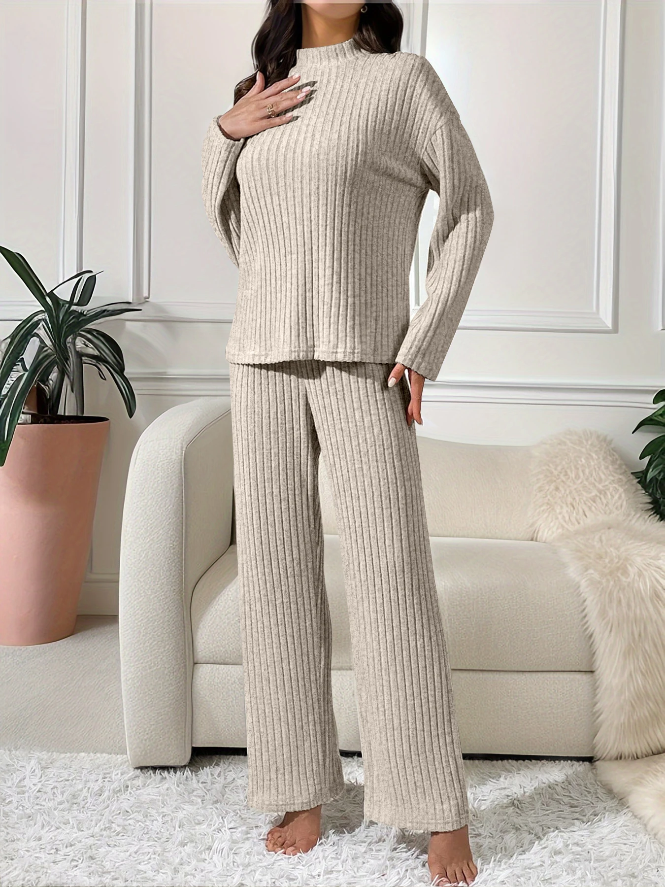 A new set of knitted pit strip all-in-one home casual outfit-slim stand collar long sleeved loose wide leg trousers