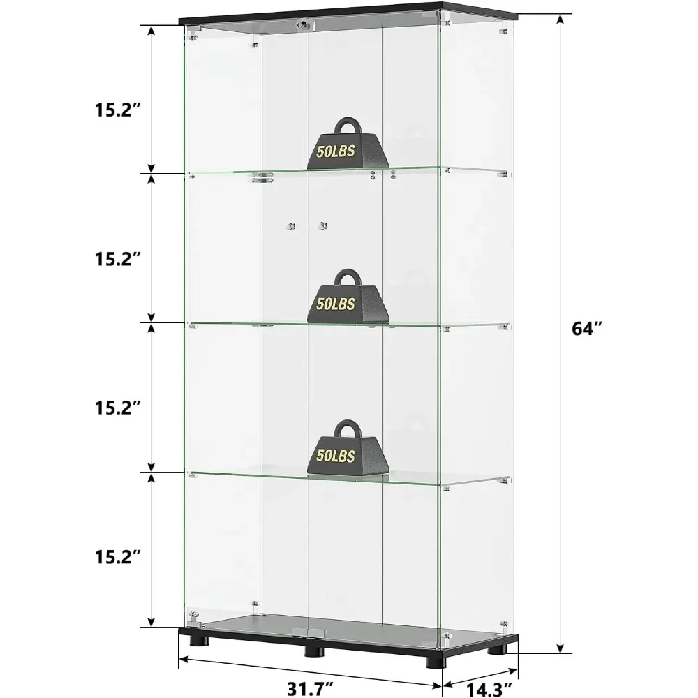 64 X 31.7 X 14.3 in Display Cabinet with 4 Shelves, Double Doors for Living Room Bedroom Office, Floor Standing Display Cabinet