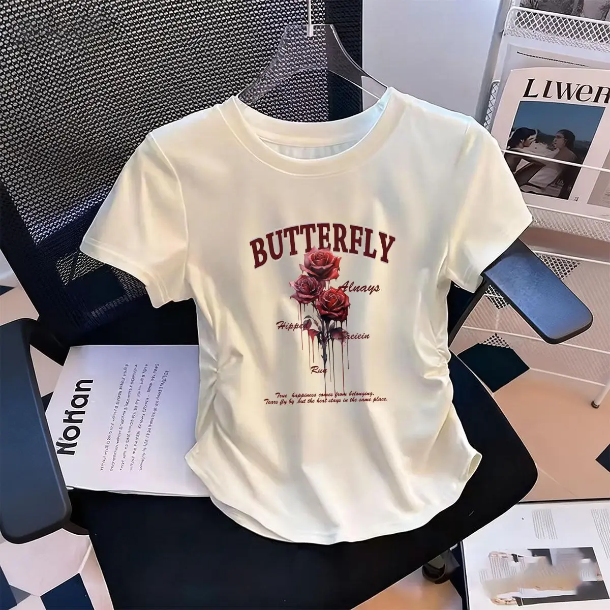 Women's Waist-Defining Elastic T Shirt Butterfly Red Roses print printed Short Sleeve Round Neck top tee  Fashionable