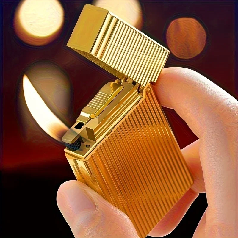 Langsheng Steel Tone Side Sliding Grinding Wheel Inflatable Oblique Flame Open Flame Classic Retro Vertical Stripes Lighters