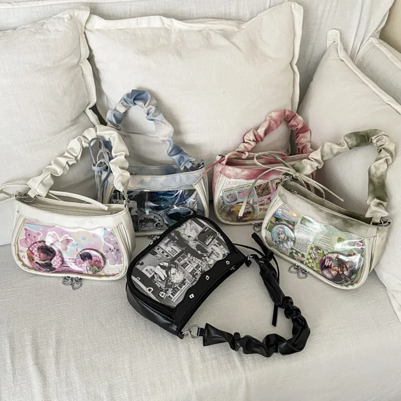 Women Handbag Anime Y2K Itabag Transparent Shoulder Gradient Tie Dye Pleated Underarm Purse Crossbody Tote Kawaii Cosplay Itabag