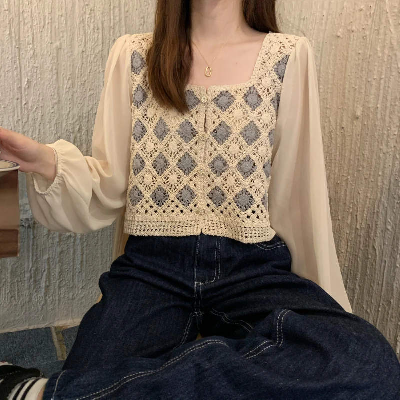 Geometric Embroidery Crochet Blouse with Chiffon Sleeve Button Front Cardigan Top Women Spring Summer Fairycore Cottagecore