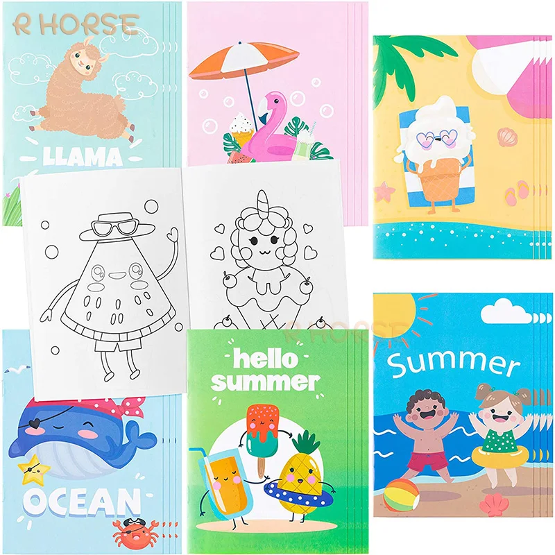 24Pcs/set Summer Coloring Books Preschool  Cute Llama Flamingo Whale Beach Ice Cream Cartoon Painting Birthday Gift for Kids