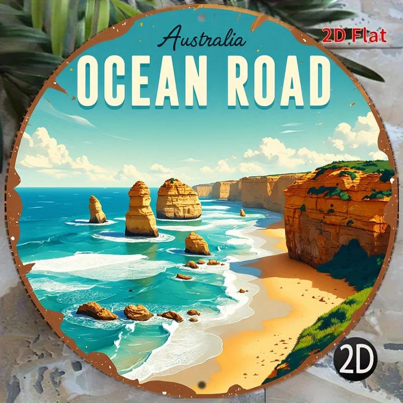 2D Flat - 1pc of an 8-Inch Round Aluminum Sign Featuring a Landscape Design of Australia'S Ocean Road with Cliffs And Waves, Per
