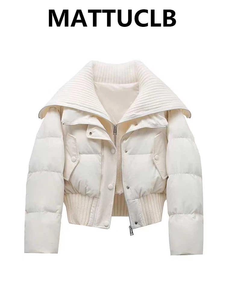2025 Autumn Winter Women Fake Two Pieces Padded Jacket Turn-down Collar Crop Down Jacket Korean Thick Parkas Outwears Designer