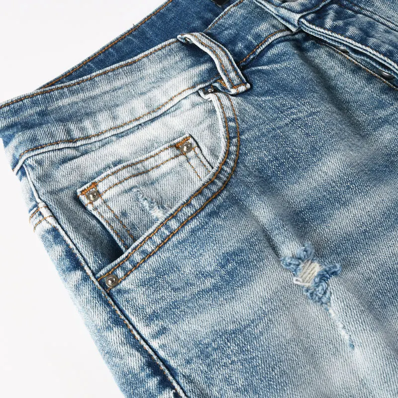 Street Designer Fashion Men Jeans High Quality Retro Blue Stretch Slim Ripped Jeans Men White Patched Brand Hip Hop Denim Pants