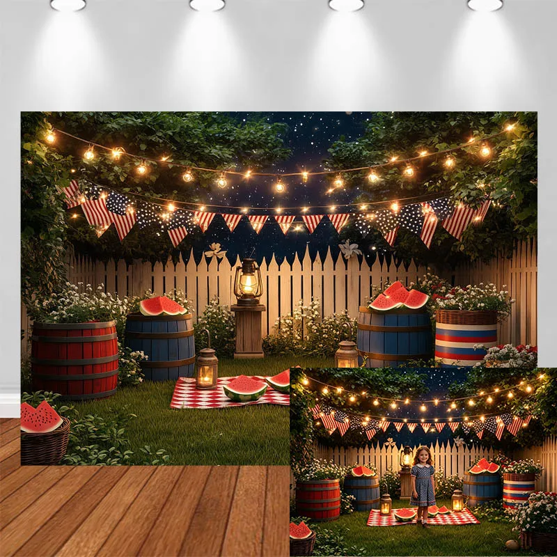 

LS Independence Day Photography Background Picnic Mat Watermelon Flags Wooden Barrel Flower Decor Adult Portrait Photo Backdrop