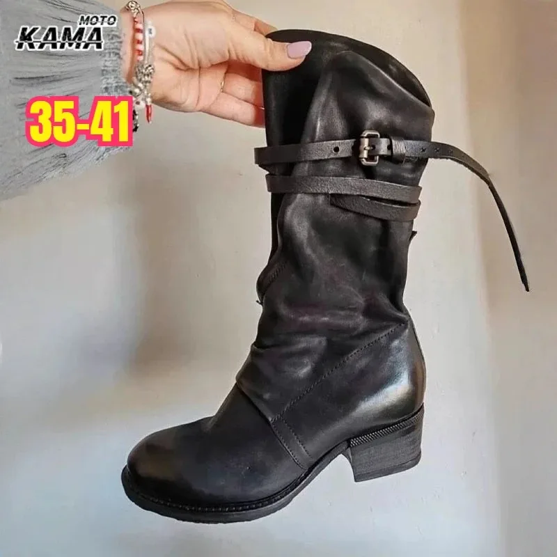Black Belt Buckle Boots for Women Vintage Mid Calf Western Cowboy Boots Round Toe Zipper botas de motociclista