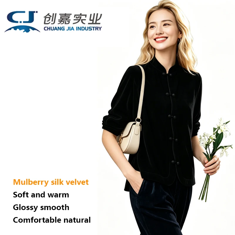 High-end Silk Velvet Ladies Long Shirt Sleeve Shirt Chinese Retro Style Elegant Outdoor Casual Comfortable Soft, Delicate Light