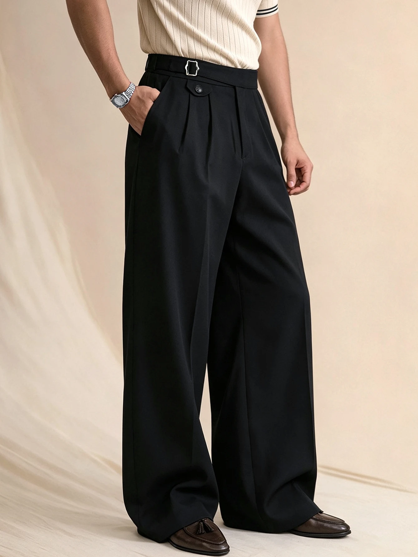 2026 SS Mens Naples Tailored Trousers Denim Look Woven Dual Pleat Parisian Buckle High Rise Straight Cut Business Casual Pants