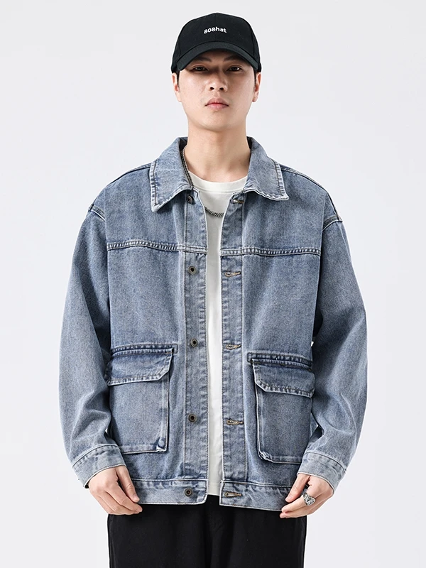 

Retro American Washed Denim Jacket Men's Spring 2025 Trendy Brand Patchwork Loose Collar Workwear Jacket Youth Popular