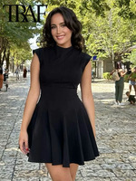 2025 Women Fashion Ruched Short Dress Sleeveless Stand Collar Fold Back Zip Mini Dress Chic Female Evening Party Dresses