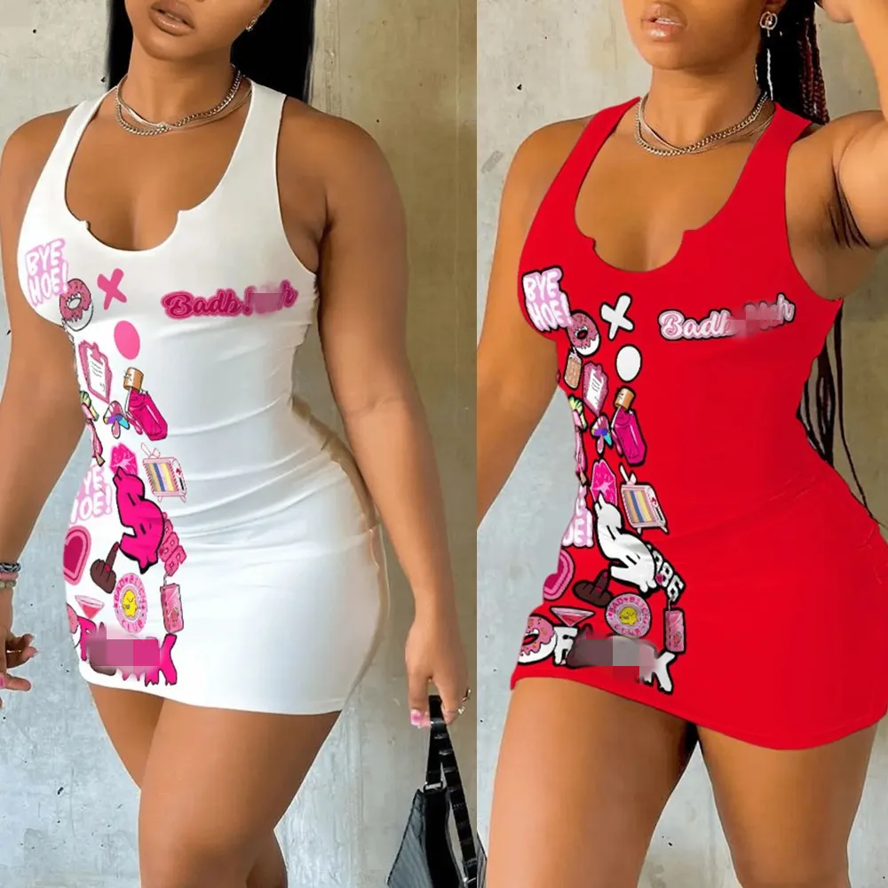 Chic Elegant Tight Stretch Dresses Women 2024 Casual Party Stylish Sleeveless Letter Print Slim Sexy Fitted Short Mini Dress