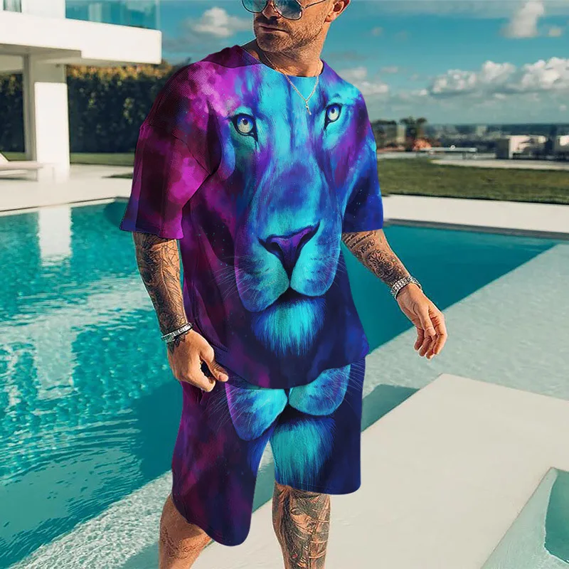 

2024 New Summer Animal Lion Pattern Men's Shorts Sets Casual Street T Shirts+Shorts 2PCS Outfits 3D Print O-Neck Tracksuit Suits