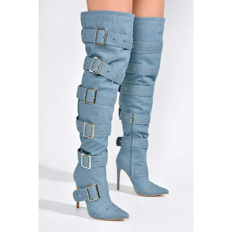 

Denim Boots Buckle Deisgn Pointed Toe Thin Heels Zippers Hollow Botas Punk Pleated Luxury Party Versatile Fashion Shoes Winter