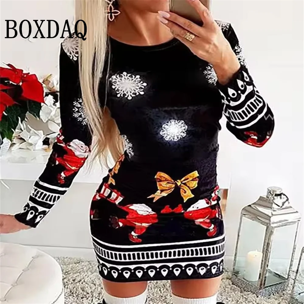 

Long Sleeved Short Dresses Women 2025 Autumn Winter New Printed Christmas Snowflake Party Dress Fashion Bodycon Sexy Mini Dress