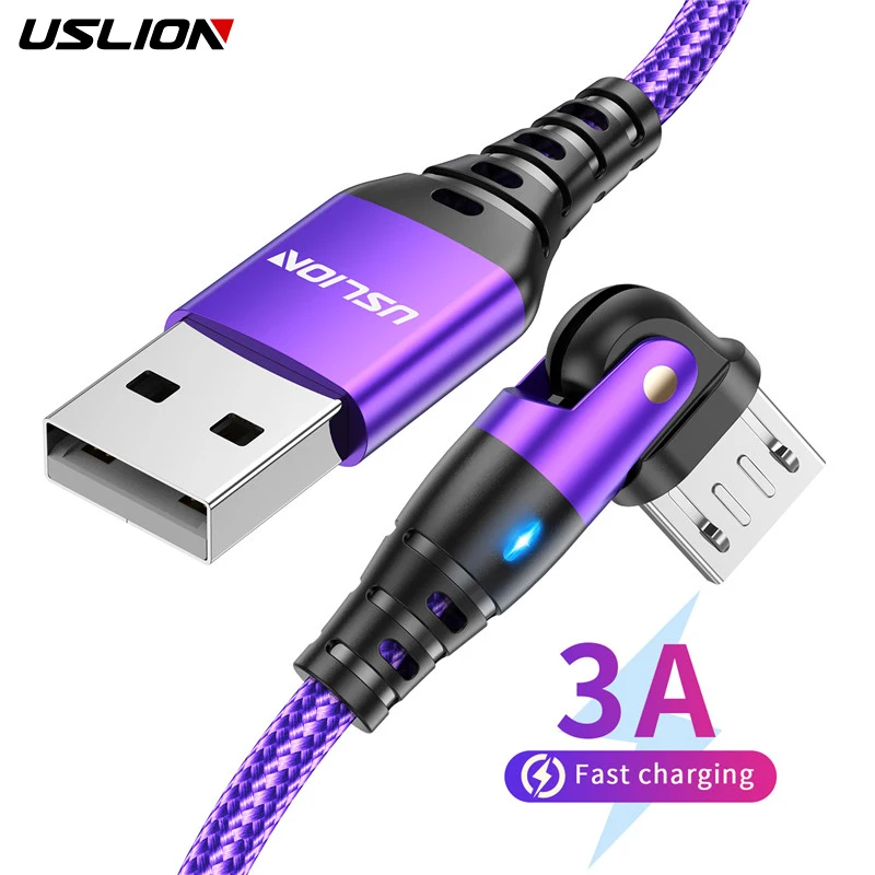 USLION LED 3A Micro USB Cable For Samsung Xiaomi Andriod Mobile Phone Fast Charging Wire 180 Rotate Micro USB Charge Data Cable