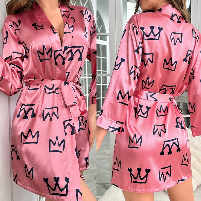 Print Crown Queen Nightgown Bathrobe Satin Sleepwear Women 3/4 Sleeve Party Nightwear Loungewear Short Home Dresses Gown