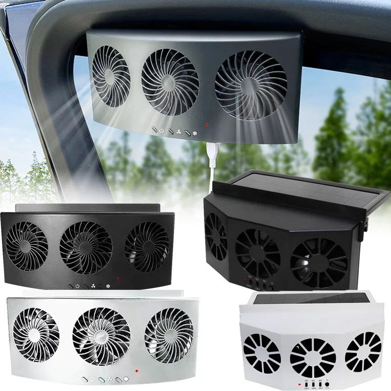 New 3 Head Car Exhaust Fan USB Rechargeable Solar High Wind Power Air Circulation Cooling Heat Dissipation Low Noise Quiet