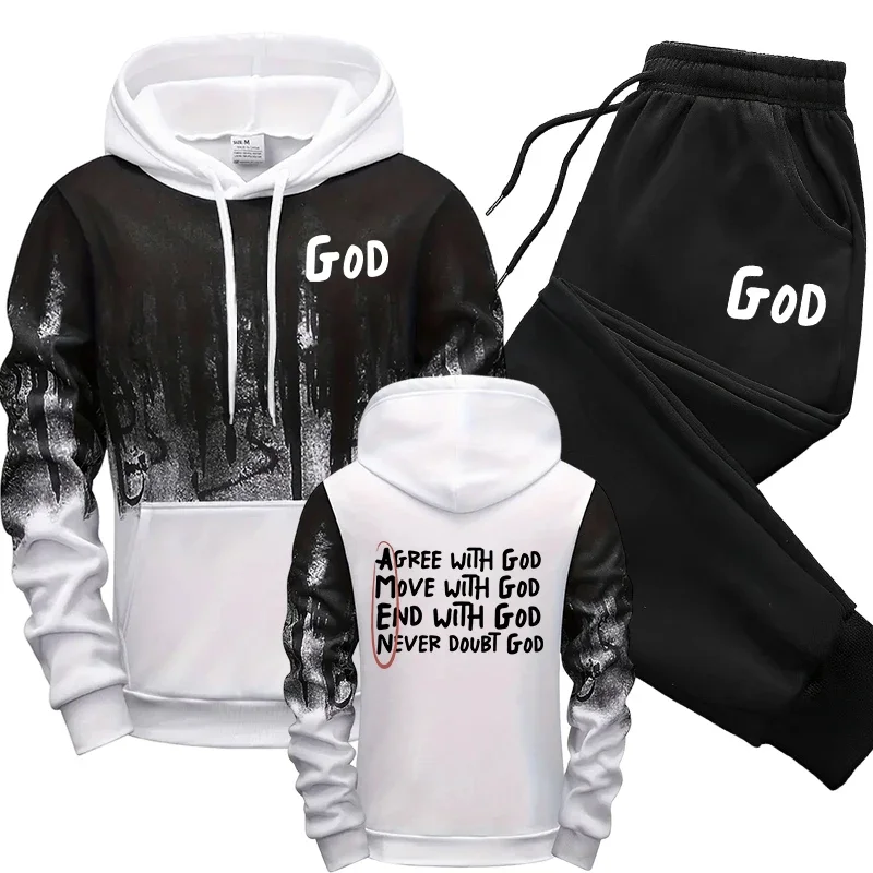 

God Print Hooded Sweatshirt Sweatpants 2025 Hot Sale Men's Set Casual Sporty Hoodies Jogger Pants Autumn Winter Hooded Outfits