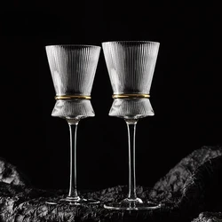 Glass Vertical Stripes Goblet Champagne Glass Cocktail Glass Gold Belt with Gold Wine Glasses