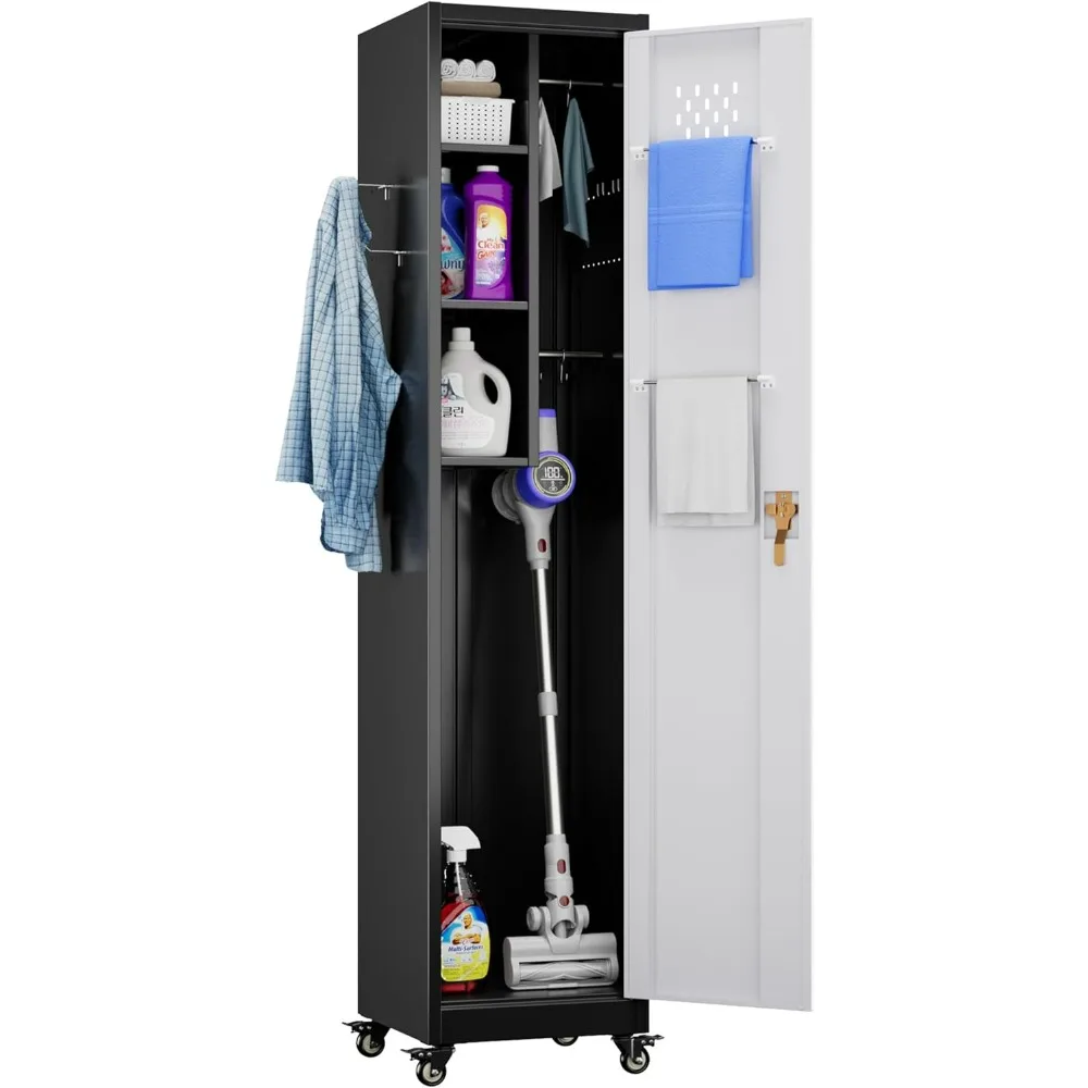 ตู้เก็บของขนาด 72 นิ้ว พร้อมล้อเลื่อน, ตู้เก็บเครื่องมือทำความสะอาดโลหะแบบล็อคได้พร้อมตะขอ, อุปกรณ์ทำความสะอาดสำหรับชั้นวางไม้กวาด