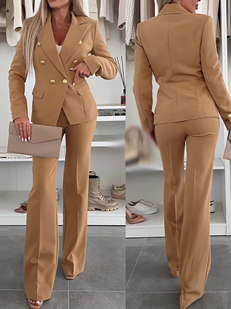 

2025 Autumn Women's Lapel Collar Long Sleeved Blazer Suit Elegant Temperament Slim Pants Set Fashion Office Button Design Outfit