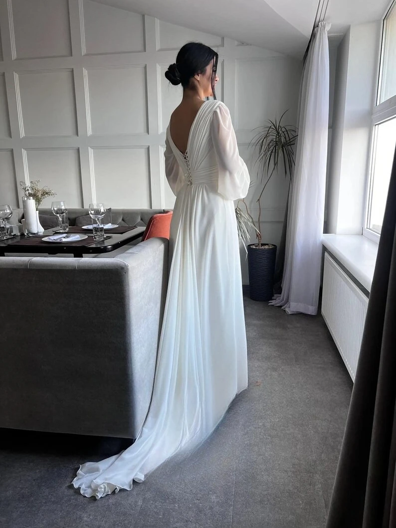 長袖シンプルなサテンのウェディングドレス妖精コルセットセクシーなウェディングドレス白いドレスウェディングドレス花嫁のための女性パーティードレス