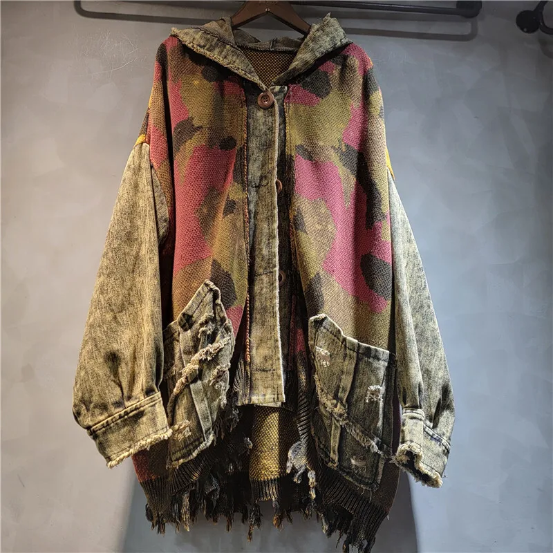 WTHT Vintage Fashion Women's Print Design Knit Spliced Denim Irregular Hoodies 2025 Long Sleeves Jacket Female 1LS2213