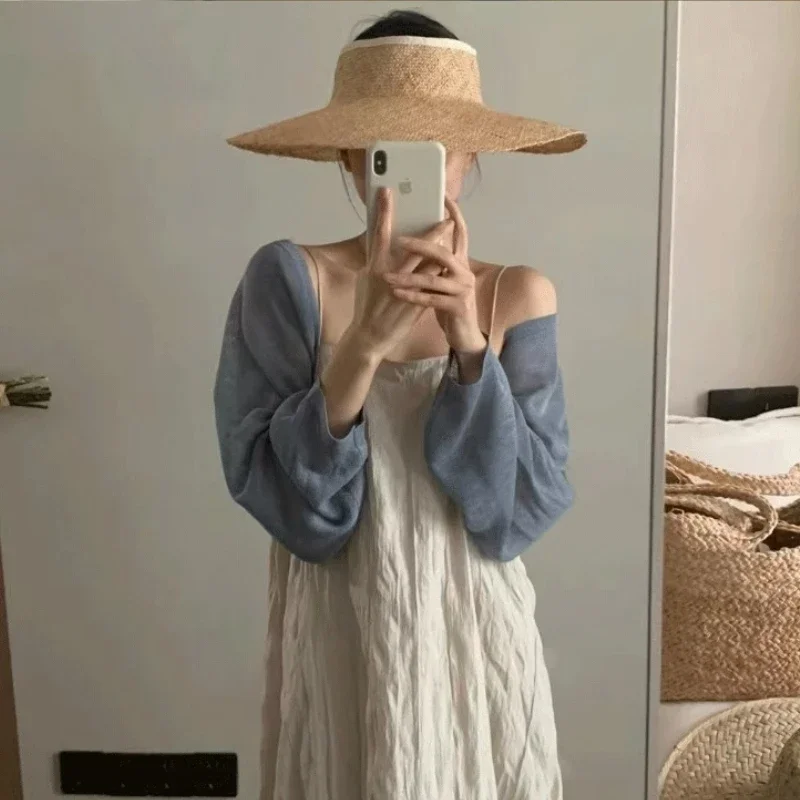 Cárdigan corto de punto de seda de hielo con protección solar para mujer, falda fina con tirantes, chaqueta de gasa en capas, cubierta con aire acondicionado