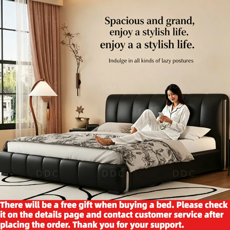 200x220cm Modern Minimalist Bed 2 People Master Bedroom Black Double Wedding Bed Soft Package King Size Frames Bedroom Furniture