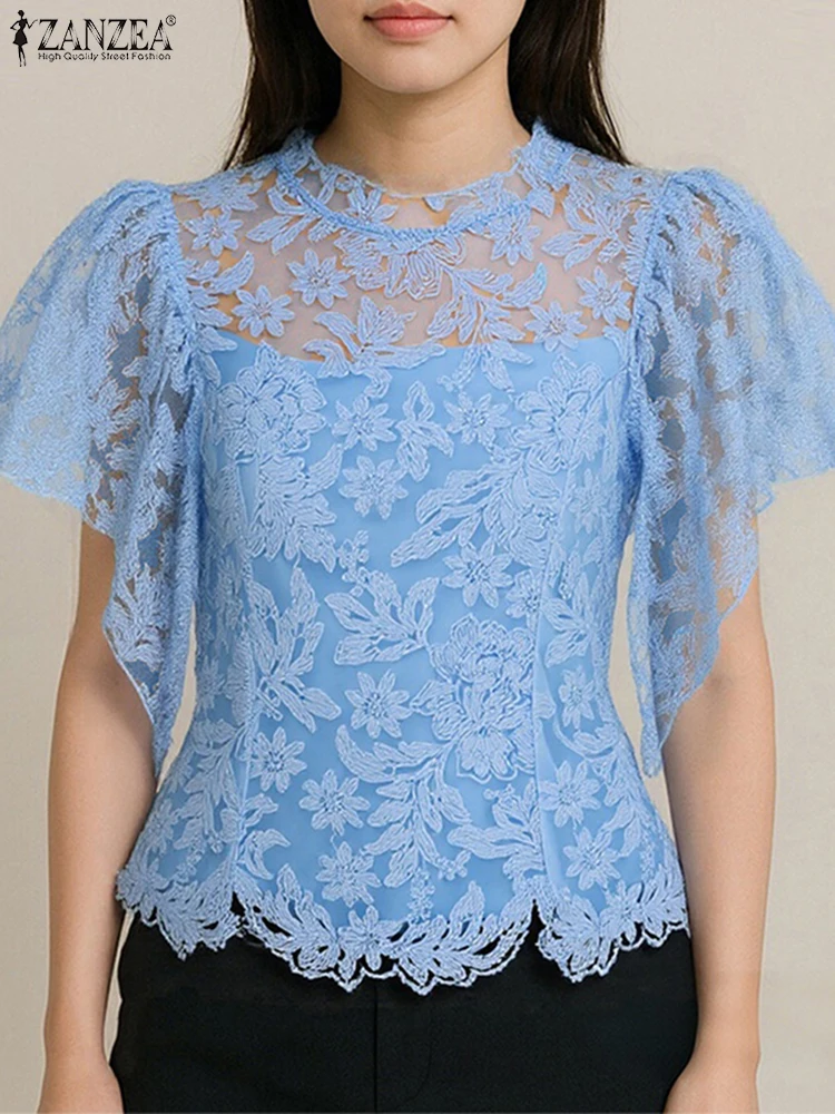 

ZANZEA Women Fashion Tops 2025 Summer Short Sleeve Ruffles Lace Blouses Elegant OL Office Lady Shirts Stand Collar Solid Blusas