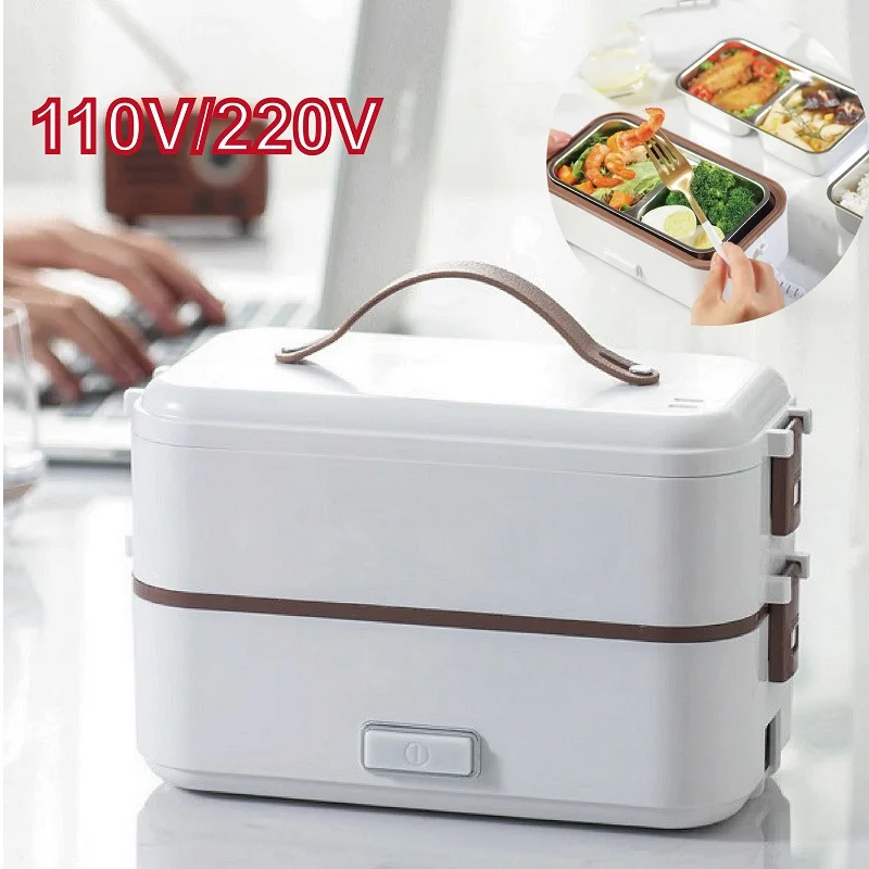 110V/220V Portable 304 Stainless Steel Electric Lunch Box Multifunctional Cookable Food Heater Auto Power Off