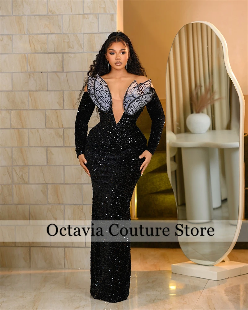 

African Elegant Black Prom Dresses 2025 Nigerian Luxury Wedding Guest Party Dress Shinning Sequins Evening Dresses Customized
