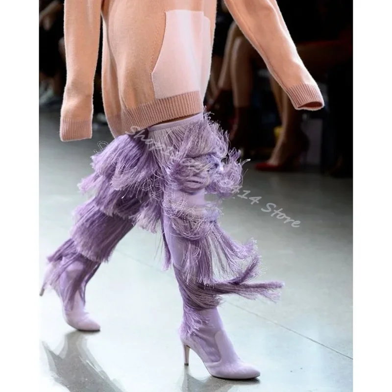 

Purple Tassels Decor Suede Pointed Toe Boots Elastic Band Women Shoes Thin High Heels New Party Runway 2024 Zapatos Para Mujere