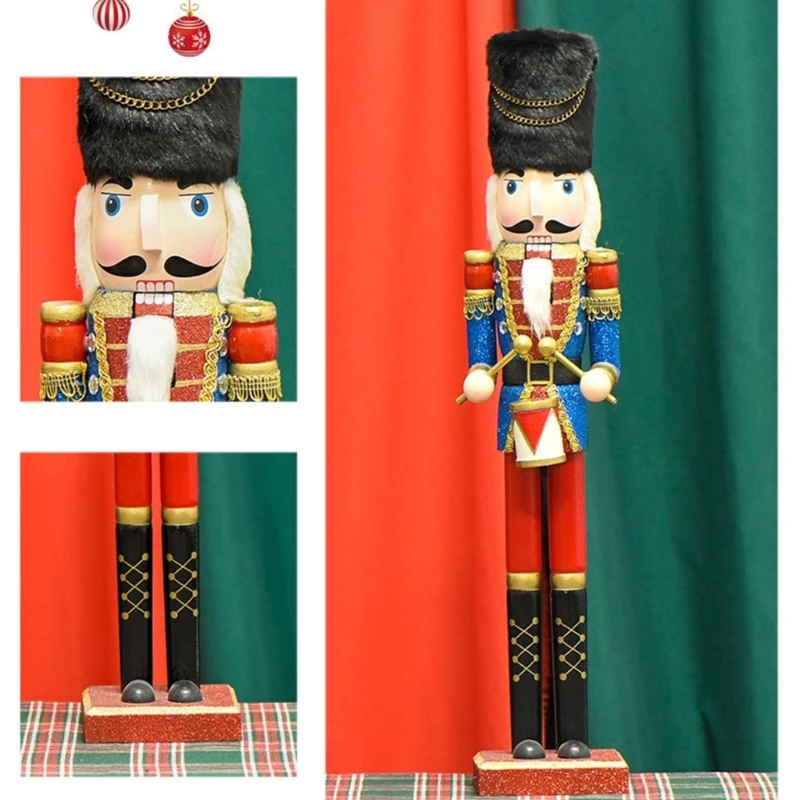 Nutcrackers Statue Adorment 55cm Wood Standing with Drum Handmade for Christmas Tabletop Decoration Desktop Ornament