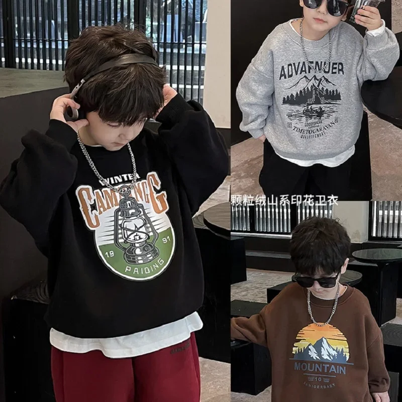 Casual Spring Autumn Boys Cotton Landscape Printing Sweatshirt School Kids Track Coat Tops Child Workout Pullover Jumper 5-16Yrs