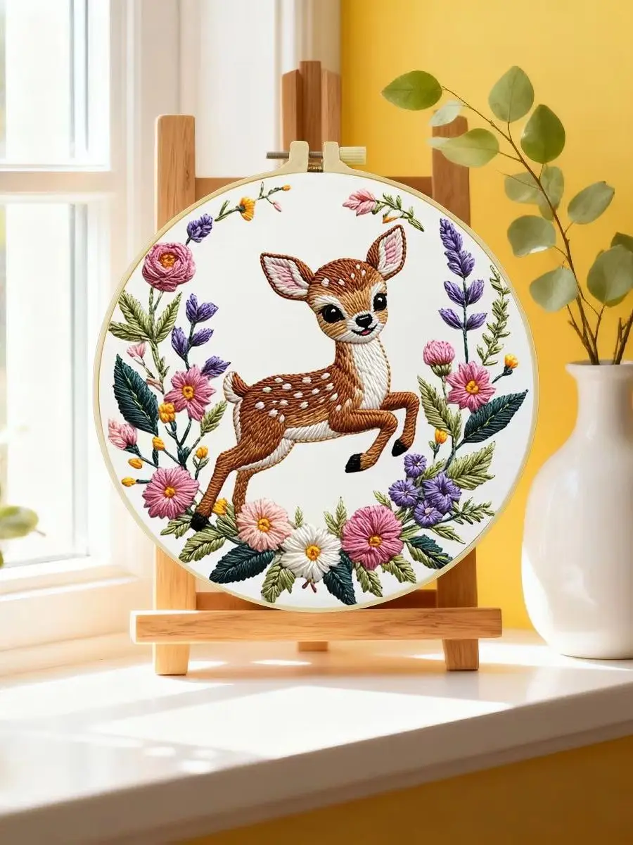 1 Stück 20X20CM/15X15CM 7,87/6,3 Zoll Rotwild-Stickerei-Starter-Kit DIY-Kit DIY-Stickerei-Set für Anfänger – Detail 6