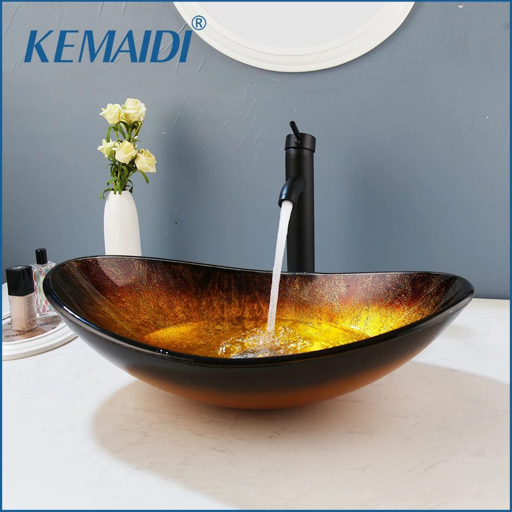 KEMAIDI Bathroom Tempered Glass Vessel Sink Oval Glass Vessel Sink with Waterfall Faucet Boat Shape Bathroom Sink Above Counter