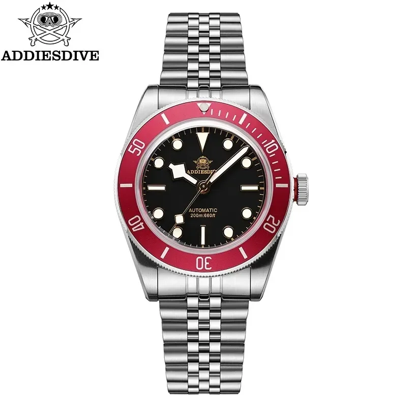 ADDIESDIVE AD2043 Men's Watch Luxury Black Dial Red Bezel BGW9 Luminous 200M Waterproof NH35 Movement Automatic Mechanical Watch