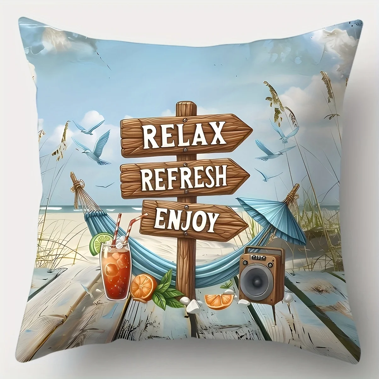 4-piece Beach Style Theme Throw Pillow Cover Set, featuring starfish, seashell, and beach bike patterns, insert not included