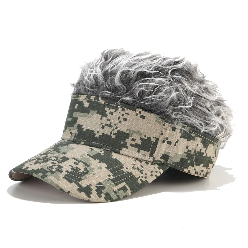 Camouflage Visor Baseball Cap with Spiked Hairs Wig Baseball Hat with Spiked Wigs Men Women Casual Concise Sunshade Sun Visor