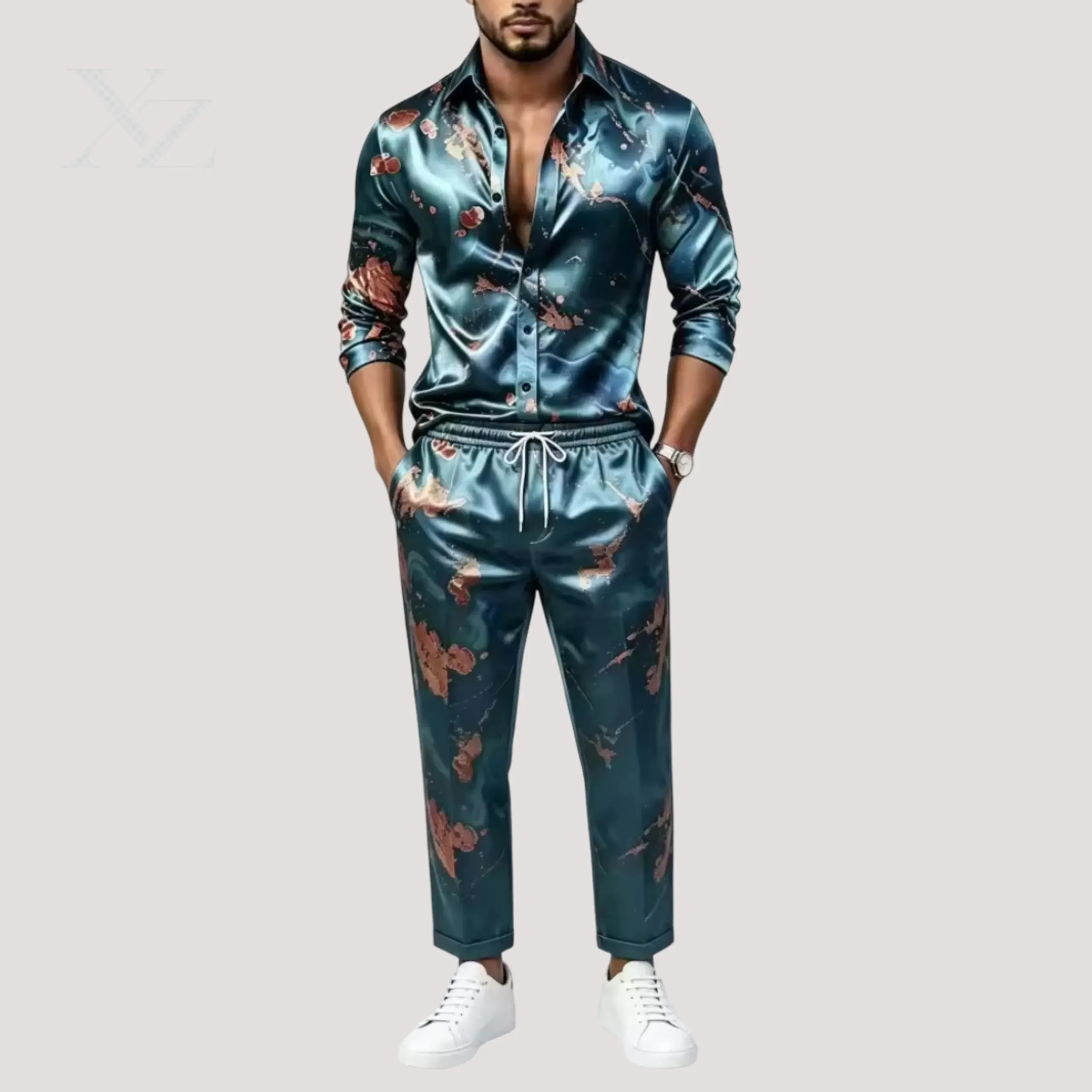 Nuevo conjunto de dos piezas para hombre, de lujo, en color azul celeste, confeccionado en satén de seda con estampado dorado, camisa de manga larga y pantalones con cordón ajustable, ideal para bodas, fiestas o para uso diario.