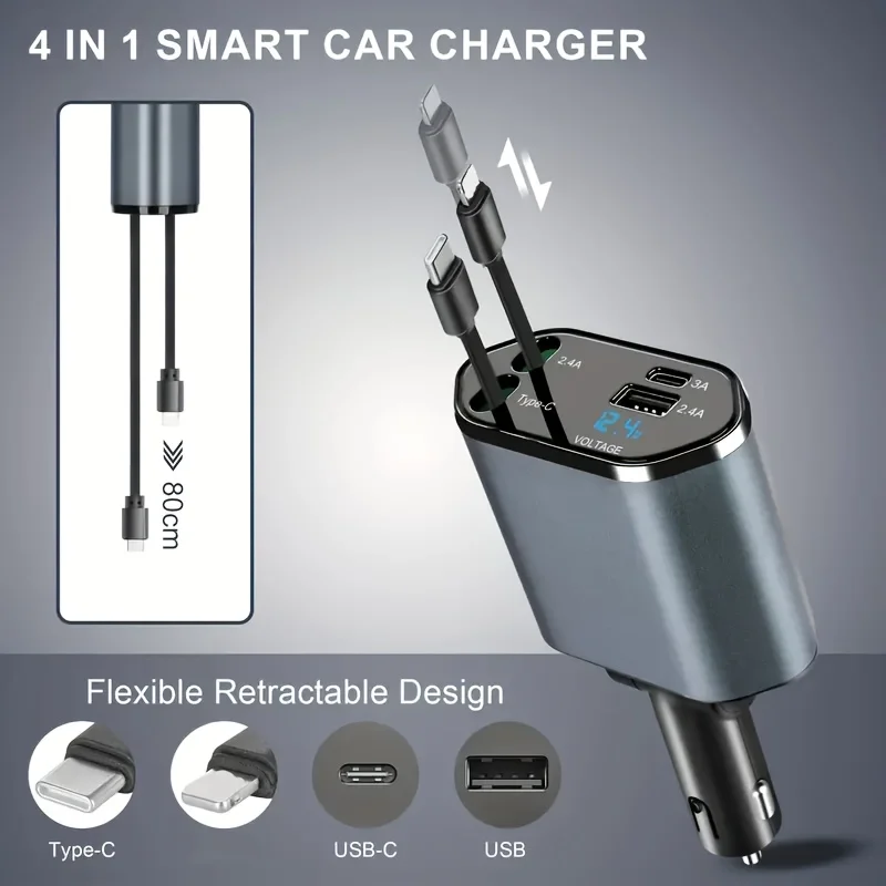4 In 1 Fast Car Phone Charger, 180 °   Free Adjustment Direction, 2.6 Ft Retractable Cord USB C Port, For Ios And Type C Phone view 5